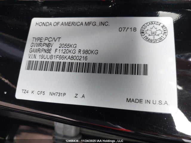 19UUB1F66KA800216 Acura k24w7