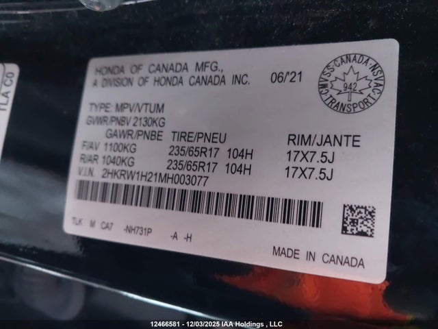 2HKRW1H21MH003077 Honda CR-V LX