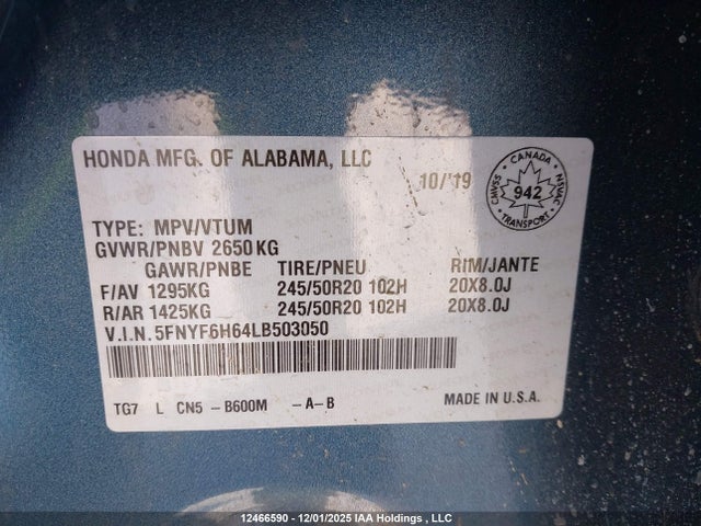 5FNYF6H64LB503050 Honda Pilot Touring
