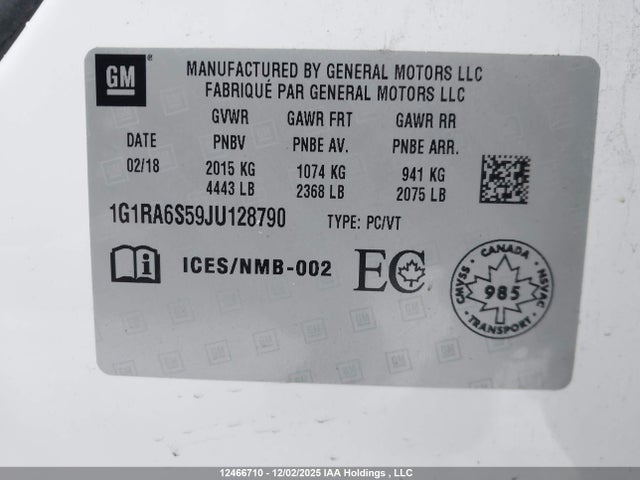 1G1RA6S59JU128790 Chevrolet VOLT LT