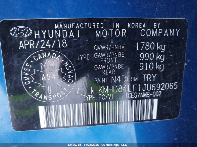 Продажа на аукционе авто 2018 Hyundai Elantra Gl Se, vin: KMHD84LF1JU692065, номер лота: 12466758
