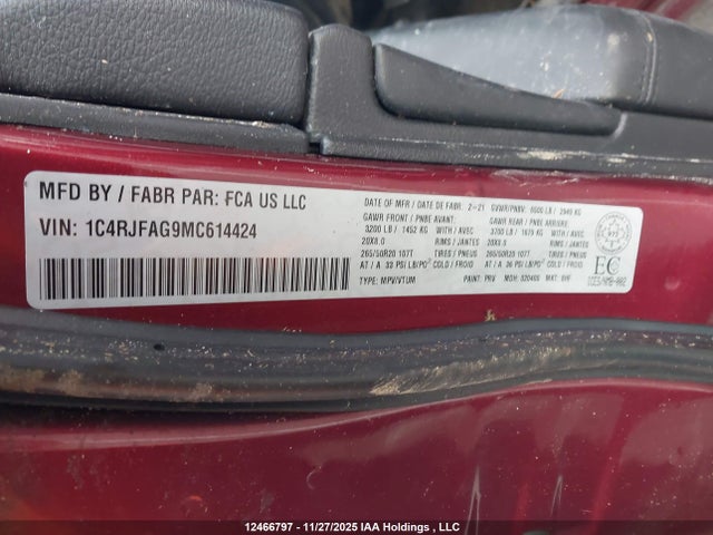 Aukcja sprzedaży 2021 Jeep Grand Cherokee Laredo, vin: 1C4RJFAG9MC614424, numer aukcji: 12466797