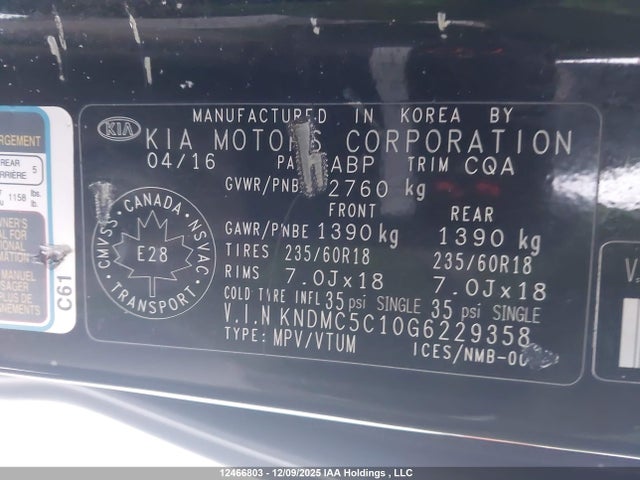 Aukcja sprzedaży 2016 Kia Sedona, vin: KNDMC5C10G6229358, numer aukcji: 12466803