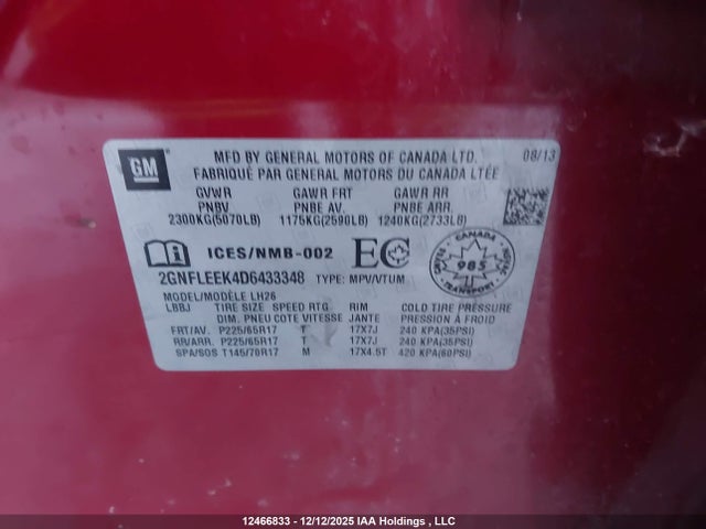 12466833 :رقم المزاد ، 2GNFLEEK4D6433348 vin ، 2013 Chevrolet Equinox 1lt مزاد بيع