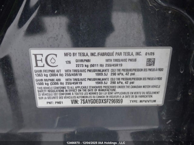 7SAYGDEDXSF296959 Tesla Model Y Long Range