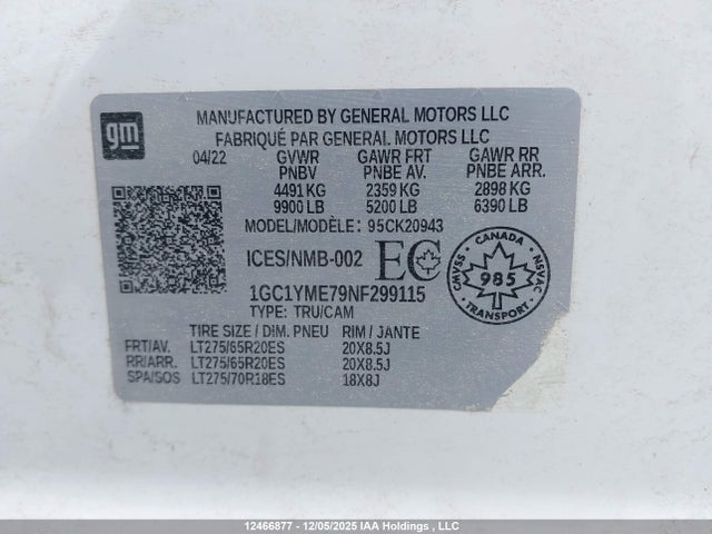 Продажа на аукционе авто 2022 Chevrolet Silverado 2500hd Custom, vin: 1GC1YME79NF299115, номер лота: 12466877