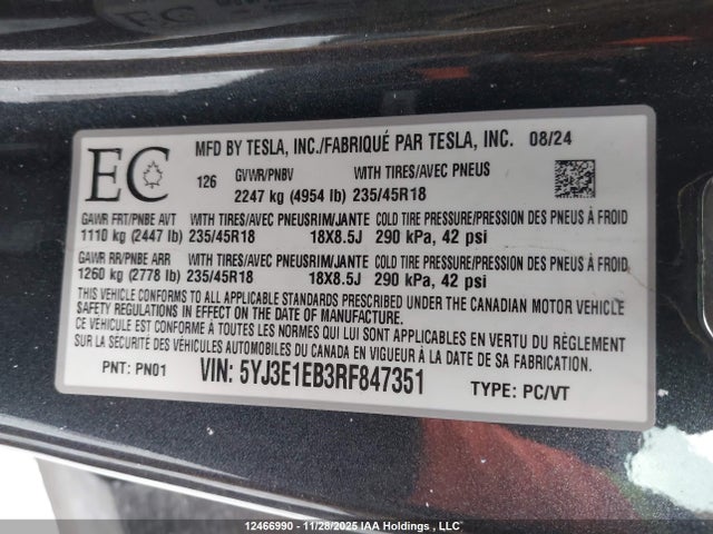 5YJ3E1EB3RF847351 Tesla MODEL 3