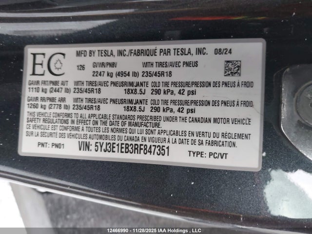 5YJ3E1EB3RF847351 Tesla MODEL 3
