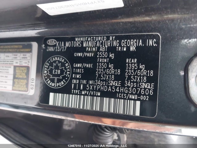 12467010 :رقم المزاد ، 5XYPHDA54HG307606 vin ، 2017 Kia Sorento 3.3l Ex/3.3l Ex+ مزاد بيع