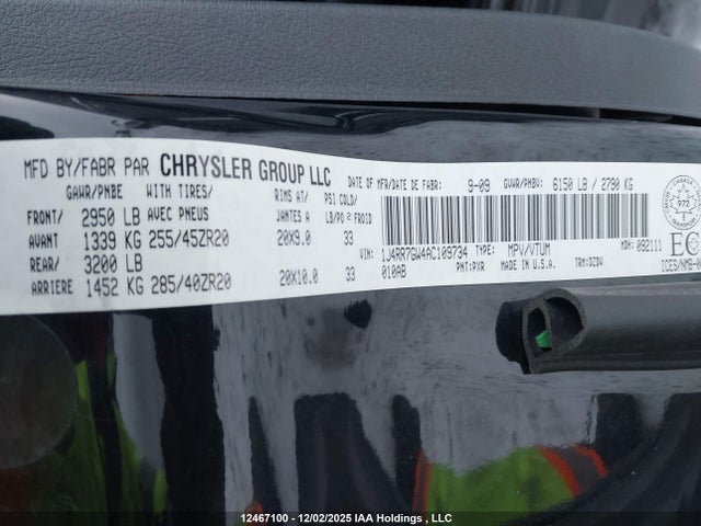 2010 Jeep Grand Cherokee Srt-8 მანქანა იყიდება აუქციონზე, vin: 1J4RR7GW4AC109734, აუქციონის ნომერი: 12467100