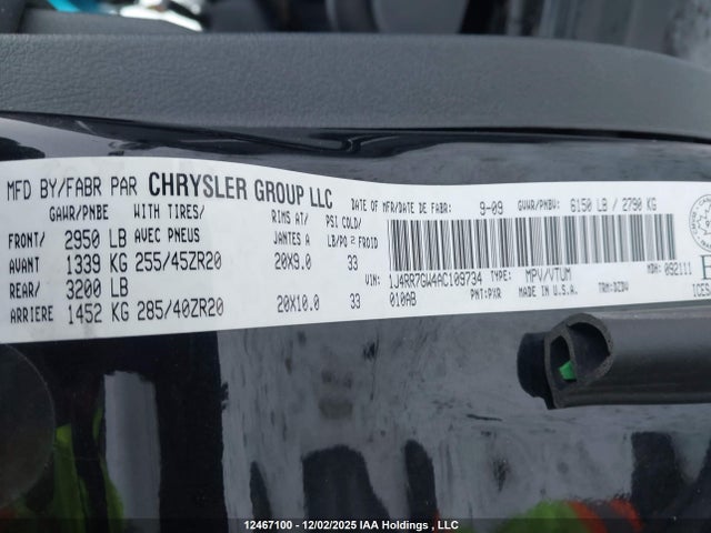 2010 Jeep Grand Cherokee Srt-8 მანქანა იყიდება აუქციონზე, vin: 1J4RR7GW4AC109734, აუქციონის ნომერი: 12467100
