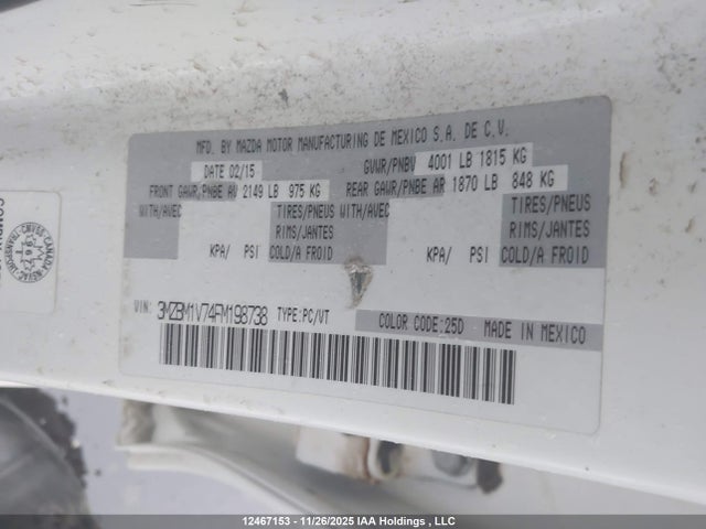 12467153 :رقم المزاد ، 3MZBM1V74FM198738 vin ، 2015 Mazda Mazda3 مزاد بيع