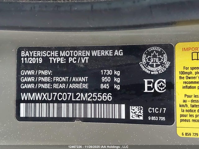 2020 Mini 5 Door Cooper მანქანა იყიდება აუქციონზე, vin: WMWXU7C07L2M25566, აუქციონის ნომერი: 12467226
