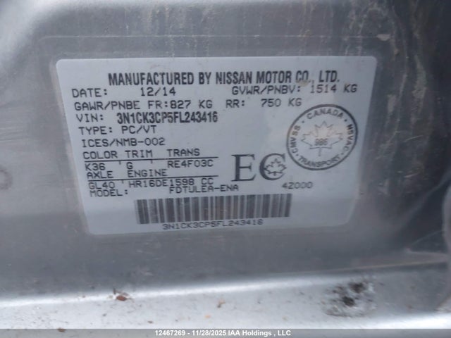 3N1CK3CP5FL243416 Nissan Micra S/sr/sv