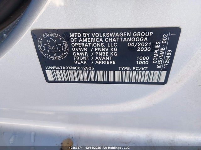 Продажа на аукционе авто 2021 Volkswagen Passat Highline, vin: 1VWBA7A3XMC012925, номер лота: 12467471