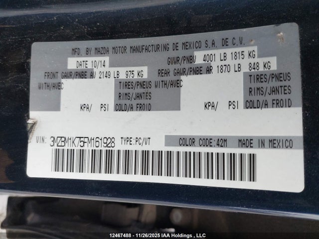 12467488 :رقم المزاد ، 3MZBM1K75FM161928 vin ، 2015 Mazda Mazda3 Gx مزاد بيع