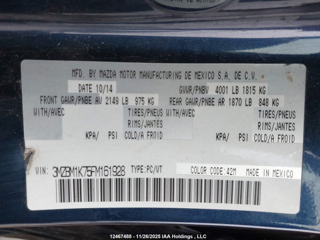 12467488 :رقم المزاد ، 3MZBM1K75FM161928 vin ، 2015 Mazda Mazda3 Gx مزاد بيع