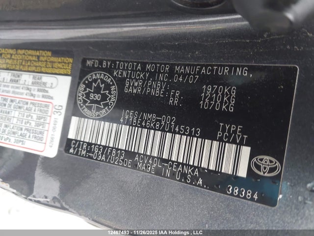 Aukcja sprzedaży 2007 Toyota Camry Le/se, vin: 4T1BE46K87U145313, numer aukcji: 12467493