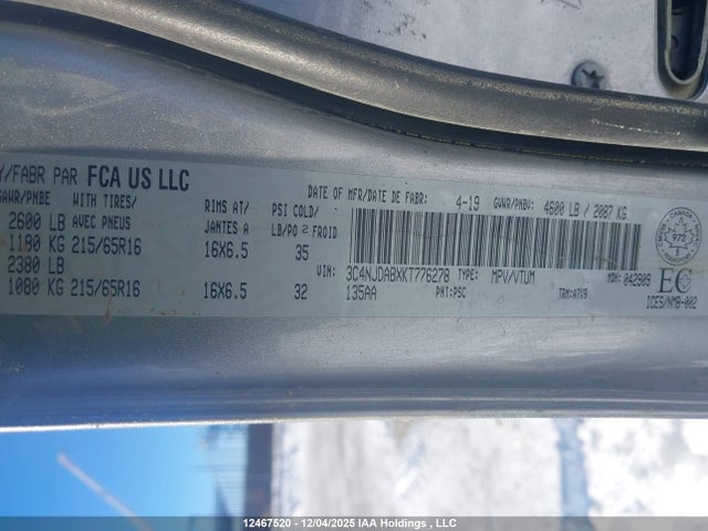 2019 Jeep Compass Sport მანქანა იყიდება აუქციონზე, vin: 3C4NJDABXKT776278, აუქციონის ნომერი: 12467520
