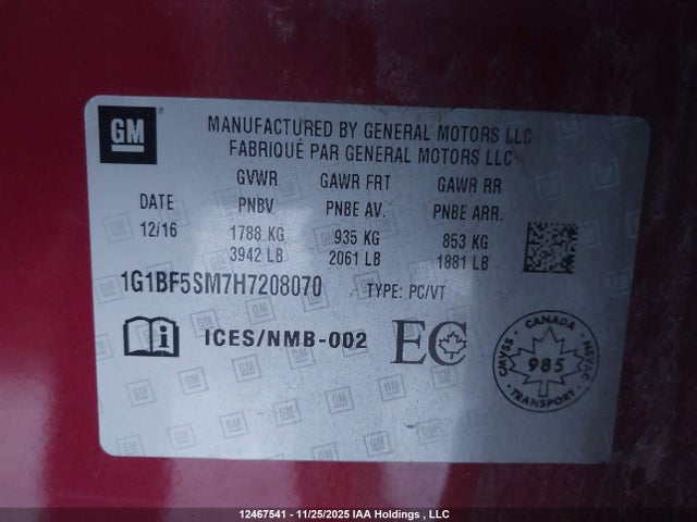 12467541 :رقم المزاد ، 1G1BF5SM7H7208070 vin ، 2017 Chevrolet Cruze Premier Auto مزاد بيع