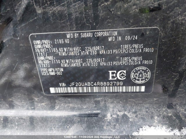 Aukcja sprzedaży 2024 Subaru Crosstrek Convenience, vin: JF2GUABC4R8892799, numer aukcji: 12467548