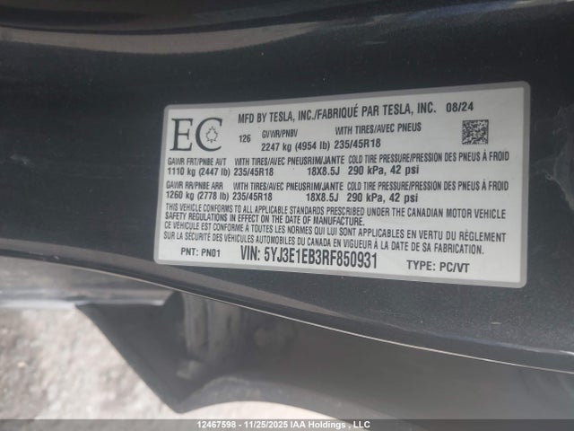 5YJ3E1EB3RF850931 Tesla MODEL 3