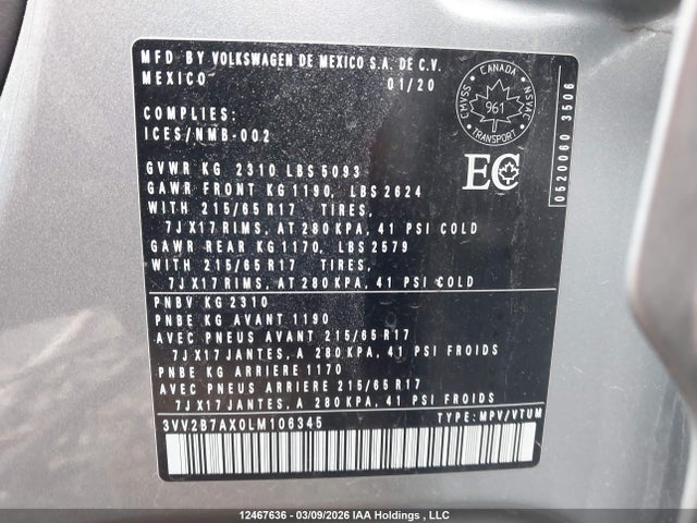 3VV2B7AX0LM106345 Volkswagen Tiguan Comfortline/iq Drive