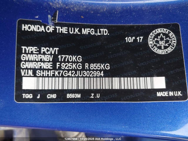 SHHFK7G42JU302994 Honda Civic Sport