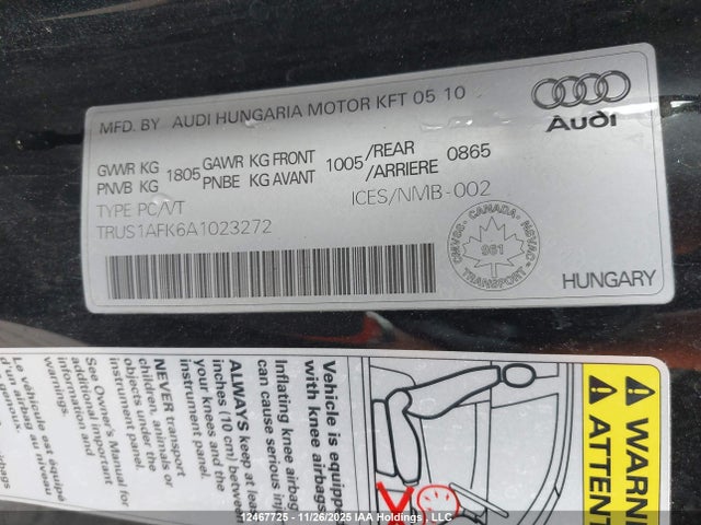 Aukcja sprzedaży 2010 Audi Tts 2.0t, vin: TRUS1AFK6A1023272, numer aukcji: 12467725