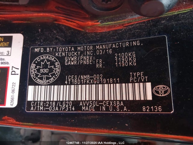 Aukcja sprzedaży 2016 Toyota Camry, vin: 4T1BD1FKXGU191811, numer aukcji: 12467748