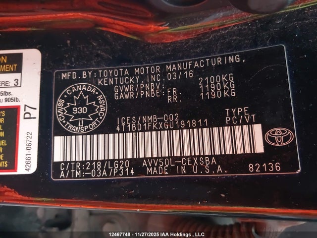 Aukcja sprzedaży 2016 Toyota Camry, vin: 4T1BD1FKXGU191811, numer aukcji: 12467748