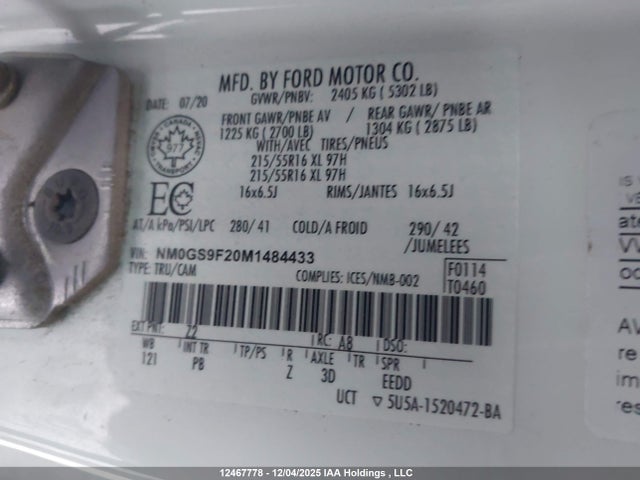 12467778 :رقم المزاد ، NM0GS9F20M1484433 vin ، 2021 Ford Transit Connect Xlt مزاد بيع