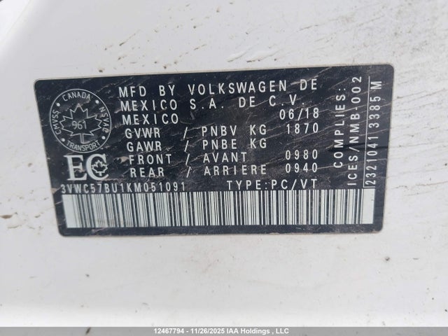 12467794 :رقم المزاد ، 3VWC57BU1KM051091 vin ، 2019 Volkswagen Jetta مزاد بيع
