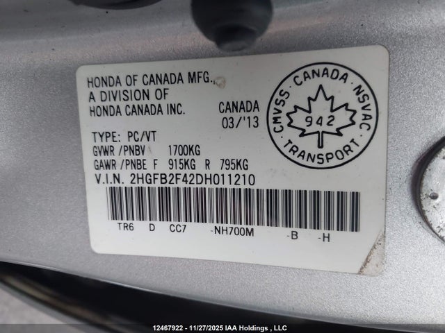 Продажа на аукционе авто 2013 Honda Civic Lx, vin: 2HGFB2F42DH011210, номер лота: 12467922