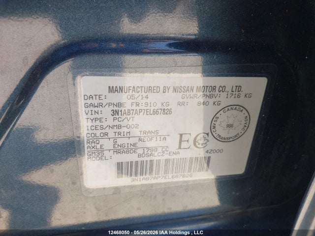 Aukcja sprzedaży 2014 Nissan Sentra S/sv/sr/sl, vin: 3N1AB7AP7EL667826, numer aukcji: 12468050