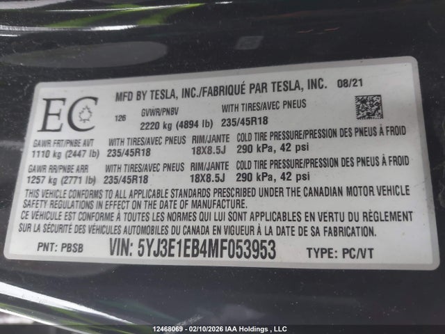 Aukcja sprzedaży 2021 Tesla Model 3 Long Range, vin: 5YJ3E1EB4MF053953, numer aukcji: 12468069