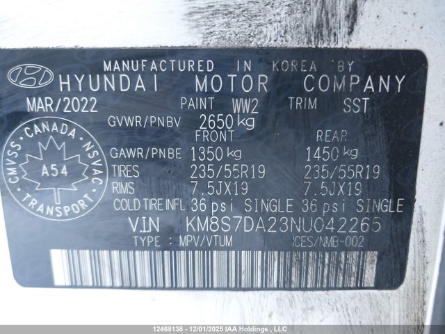 12468138 :رقم المزاد ، KM8S7DA23NU042265 vin ، 2022 Hyundai Santa Fe Luxury Plug-in Hybrid Awd مزاد بيع