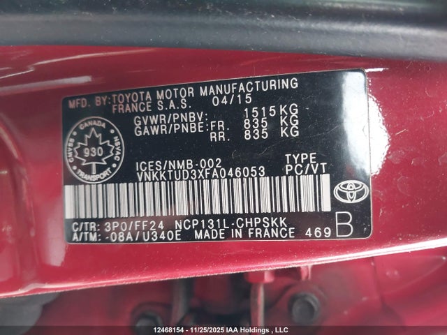 Aukcja sprzedaży 2015 Toyota Yaris, vin: VNKKTUD3XFA046053, numer aukcji: 12468154