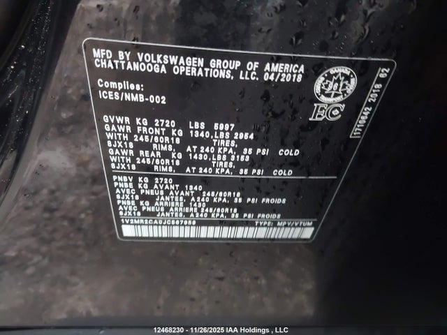 12468230 :رقم المزاد ، 1V2MR2CA0JC567959 vin ، 2018 Volkswagen Atlas Sel مزاد بيع