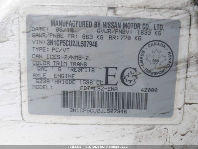 3N1CP5CU2JL507946 Nissan Kicks S/sr/sv
