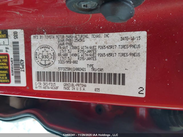 5TFDZ5BN1GX002421 Toyota Tacoma Dbl Cab/sr5/trd Sport/or