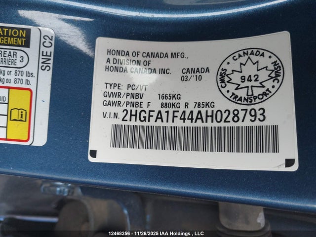 2010 Honda Civic Dx-g მანქანა იყიდება აუქციონზე, vin: 2HGFA1F44AH028793, აუქციონის ნომერი: 12468256