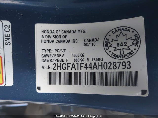 2010 Honda Civic Dx-g მანქანა იყიდება აუქციონზე, vin: 2HGFA1F44AH028793, აუქციონის ნომერი: 12468256