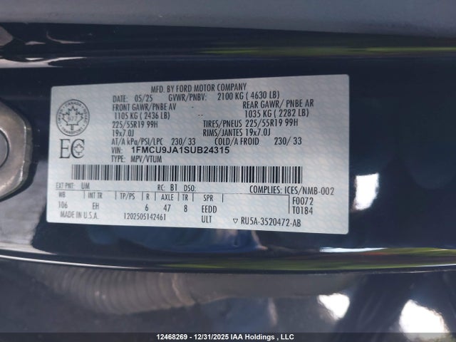 12468269 :رقم المزاد ، 1FMCU9JA1SUB24315 vin ، 2025 Ford Escape Platinum مزاد بيع