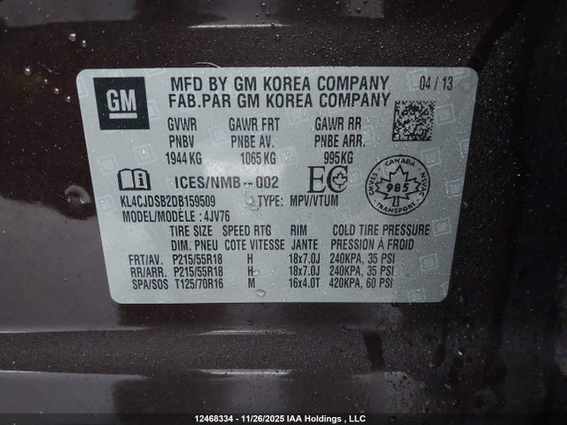 12468334 :رقم المزاد ، KL4CJDSB2DB159509 vin ، 2013 Buick Encore Premium مزاد بيع