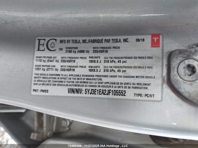 5YJ3E1EA2JF105552 Tesla MODEL 3