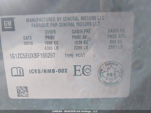 Продаж на аукціоні авто 2011 Chevrolet Malibu Lt, vin: 1G1ZC5EUXBF166297, номер лоту: 12468364