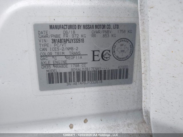3N1AB7AP6JY332618 Nissan Sentra S/sv/sr/sl