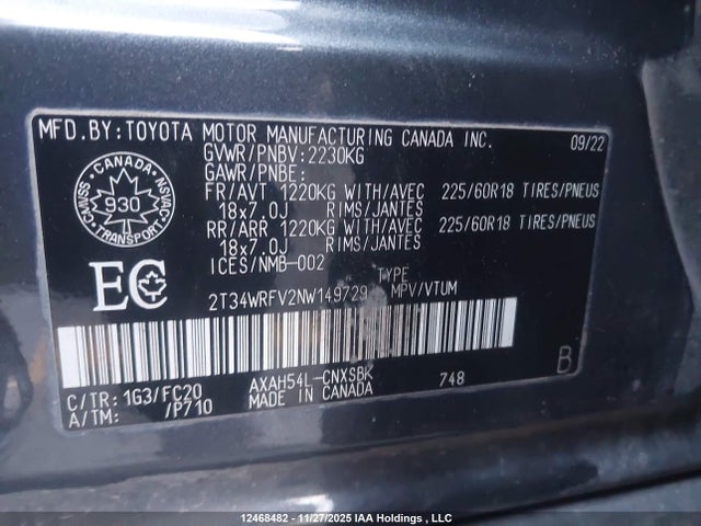 2022 Toyota Rav4 მანქანა იყიდება აუქციონზე, vin: 2T34WRFV2NW149729, აუქციონის ნომერი: 12468482