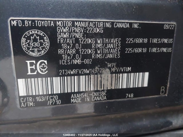 2022 Toyota Rav4 მანქანა იყიდება აუქციონზე, vin: 2T34WRFV2NW149729, აუქციონის ნომერი: 12468482